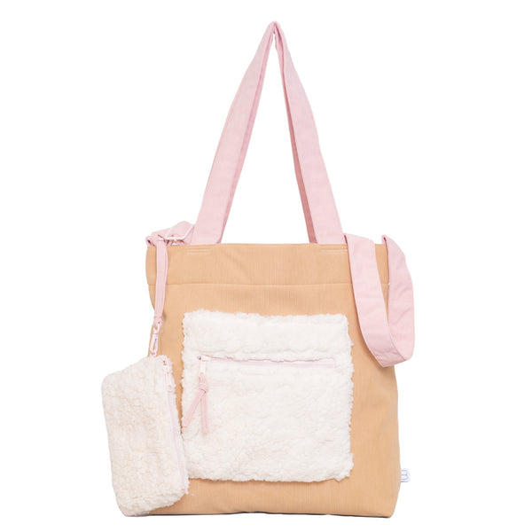 Color Block Tote – Corduroy & Sherpa Bag with Double Pockets + Cozy Coin Purse, Curry