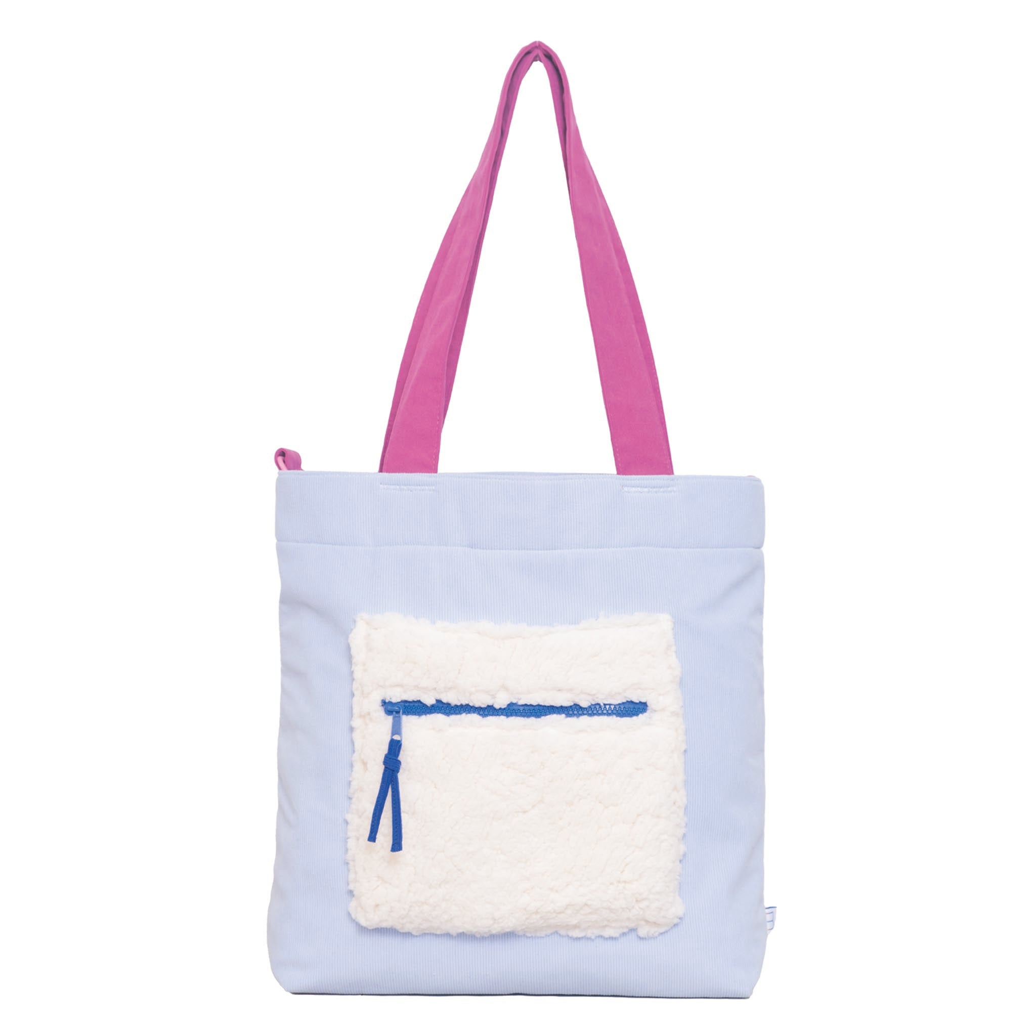 Color Block Tote – Corduroy & Sherpa Bag with Double Pockets + Cozy Coin Purse, BlueBell