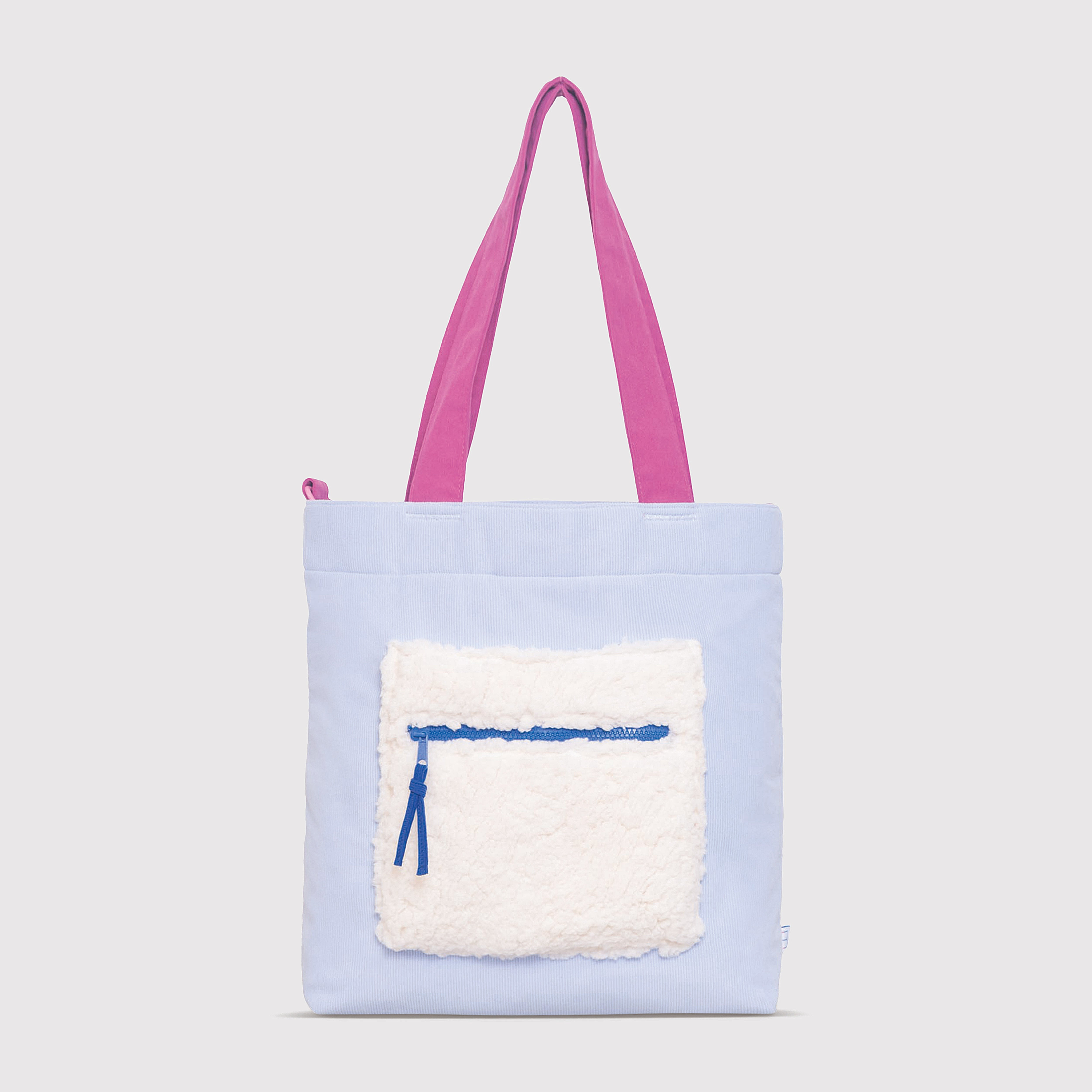 Color Block Tote – Corduroy & Sherpa Bag with Double Pockets + Cozy Coin Purse, BlueBell
