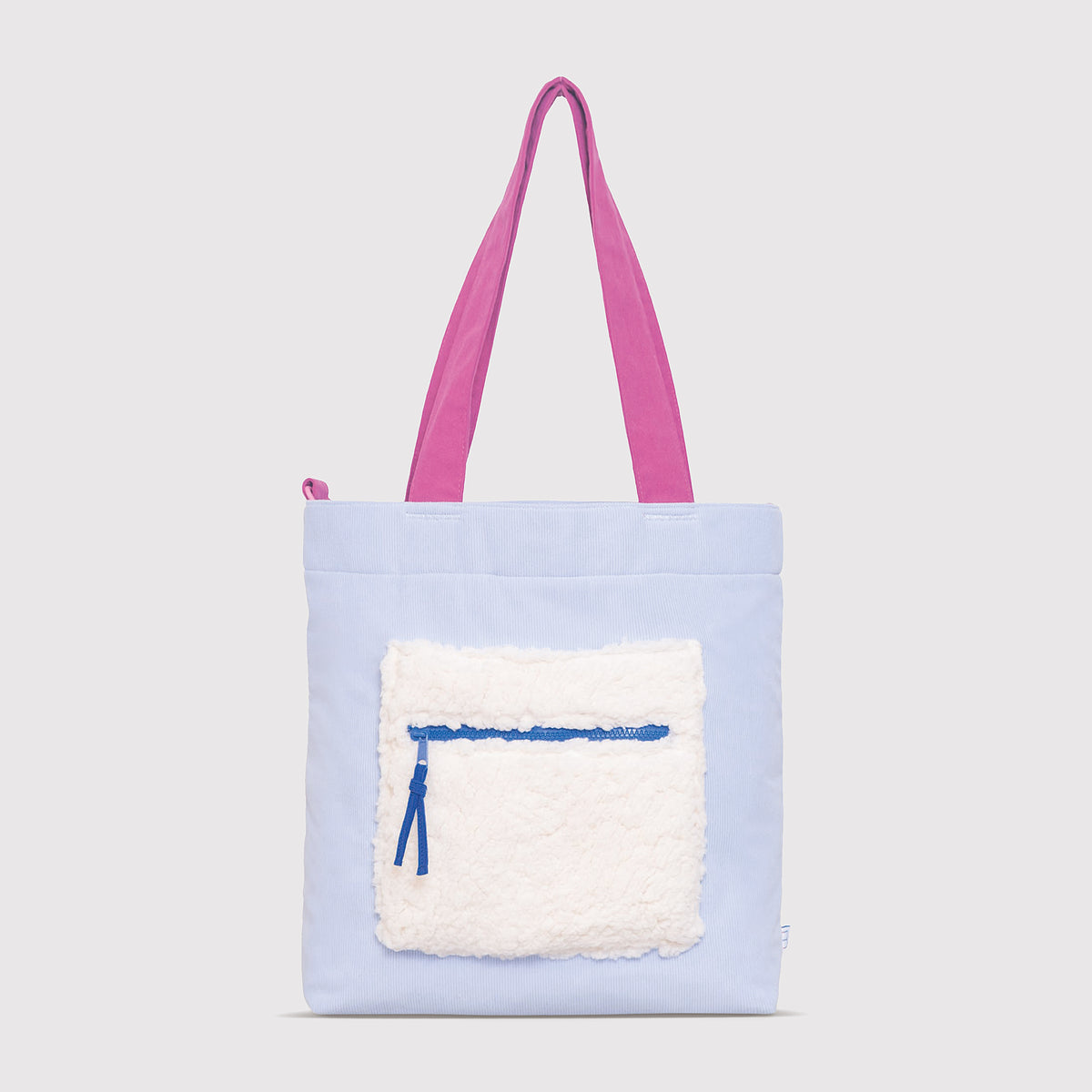 Color Block Tote – Corduroy & Sherpa Bag with Double Pockets + Cozy Coin Purse, BlueBell