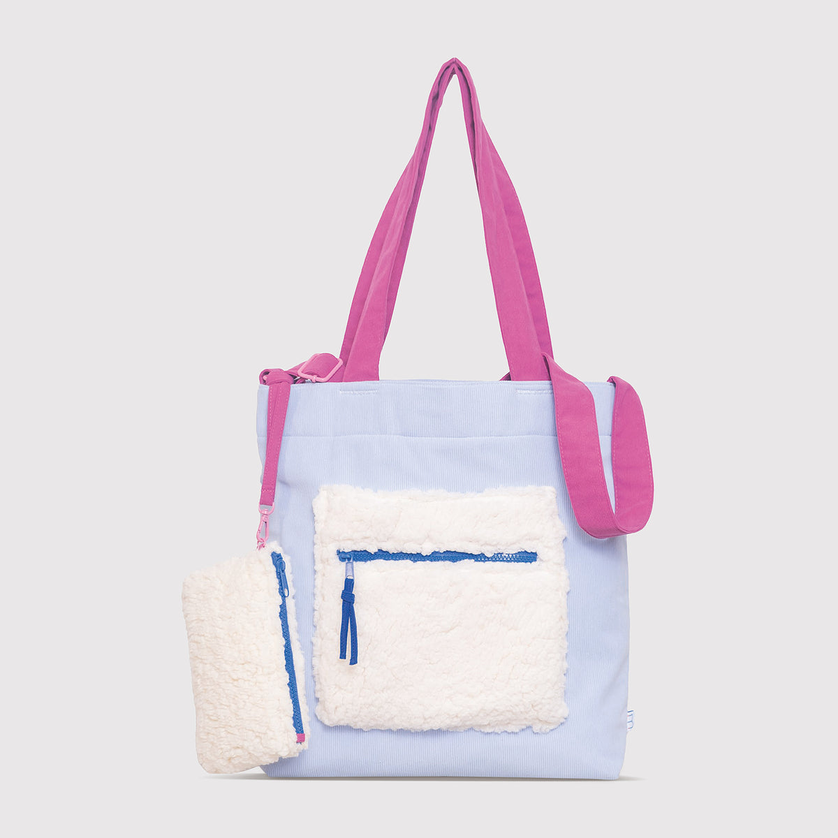 Color Block Tote – Corduroy & Sherpa Bag with Double Pockets + Cozy Coin Purse, BlueBell