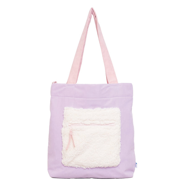 Color Block Tote – Corduroy & Sherpa Bag with Double Pockets + Cozy Coin Purse, Orchid Petal