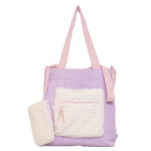 Color Block Tote – Corduroy & Sherpa Bag with Double Pockets + Cozy Coin Purse, Orchid Petal