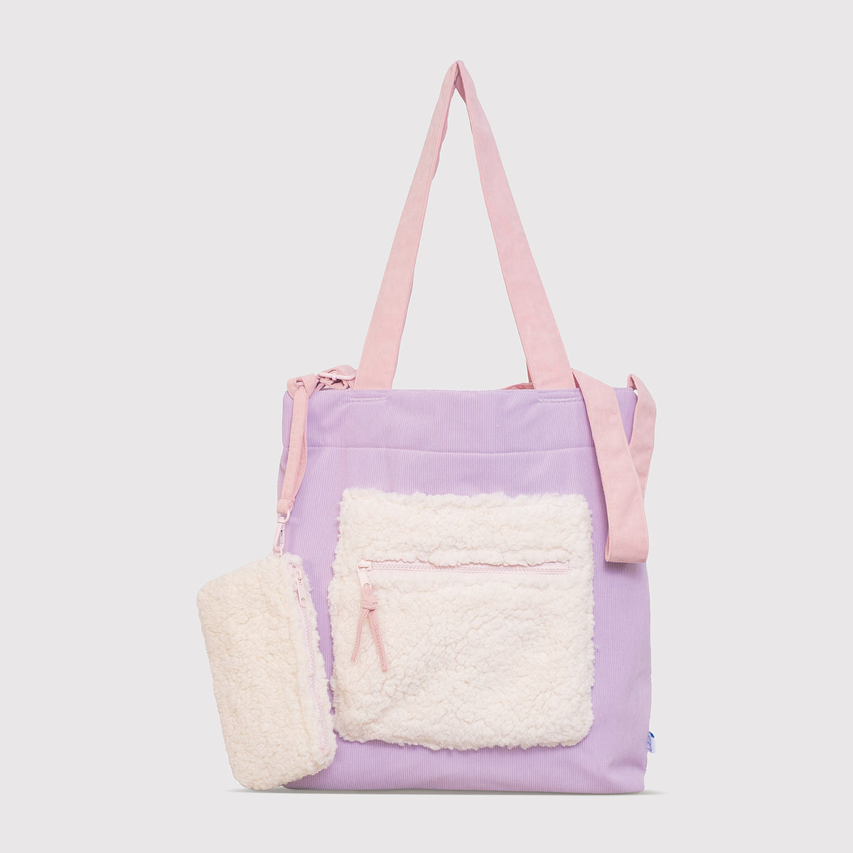 Color Block Tote – Corduroy & Sherpa Bag with Double Pockets + Cozy Coin Purse, Orchid Petal