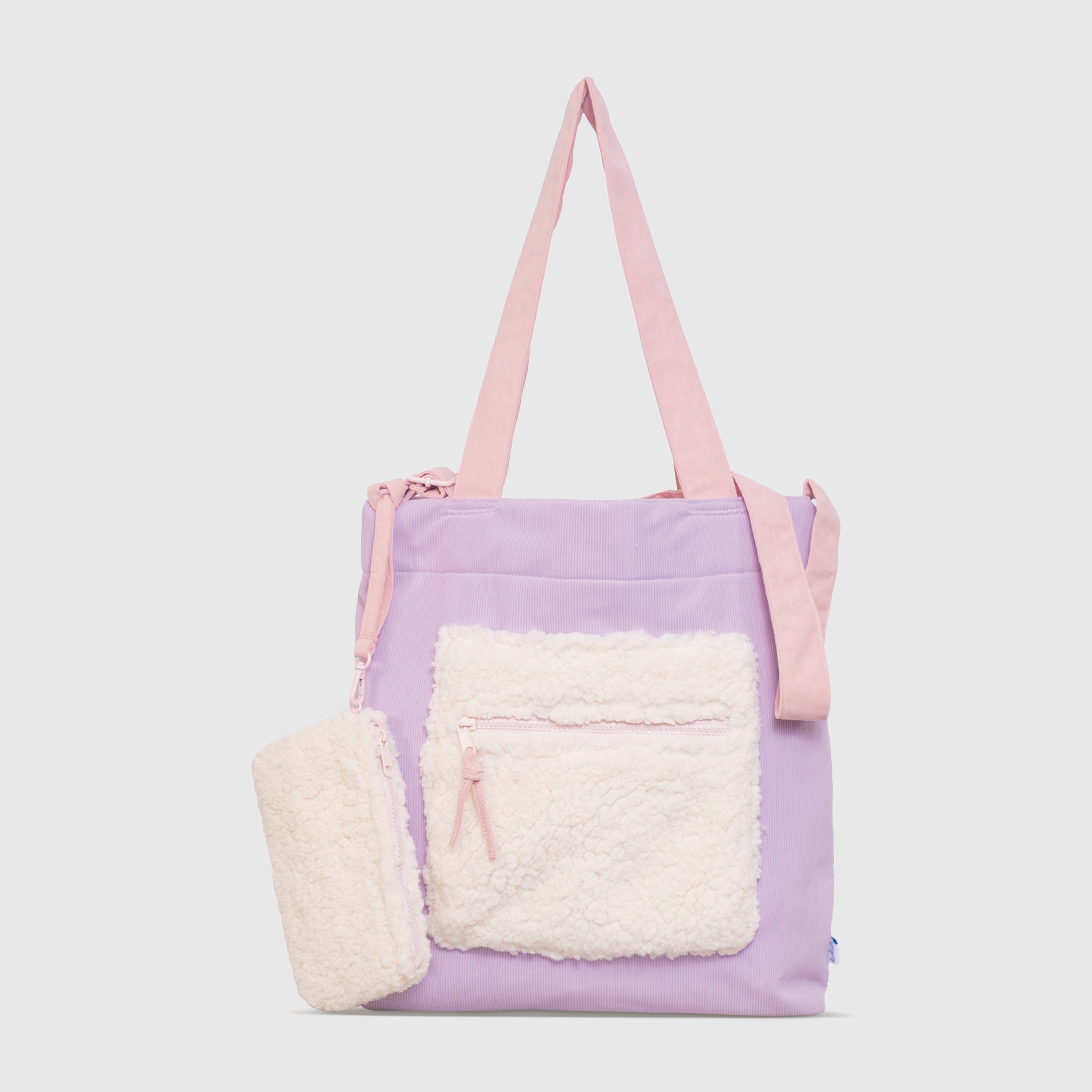 Color Block Tote – Corduroy & Sherpa Bag with Double Pockets + Cozy Coin Purse, Orchid Petal