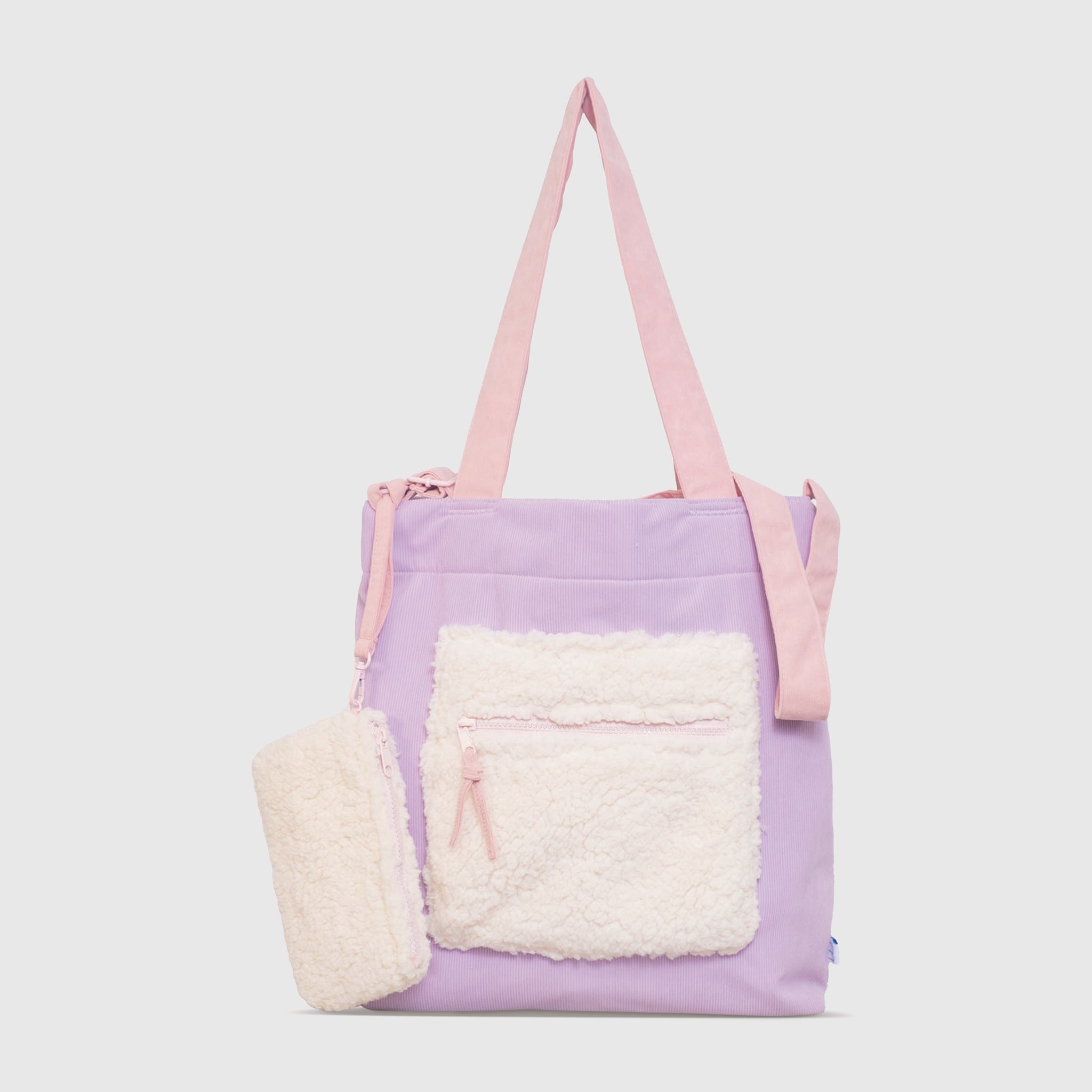 Color Block Tote – Corduroy & Sherpa Bag with Double Pockets + Cozy Coin Purse, Orchid Petal