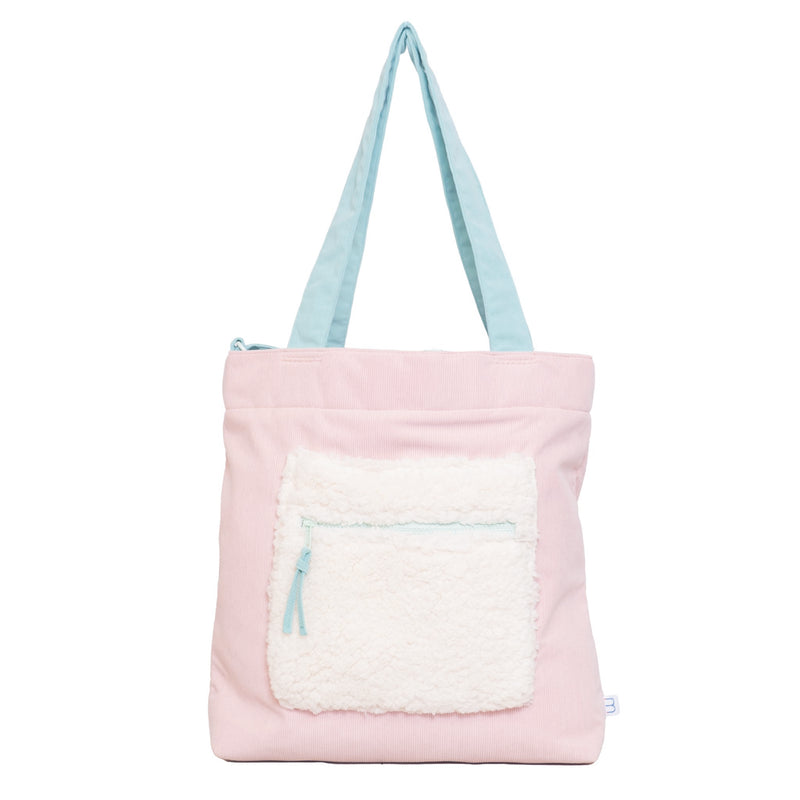 Color Block Tote – Corduroy & Sherpa Bag with Double Pockets + Cozy Coin Purse, Cotton Candy