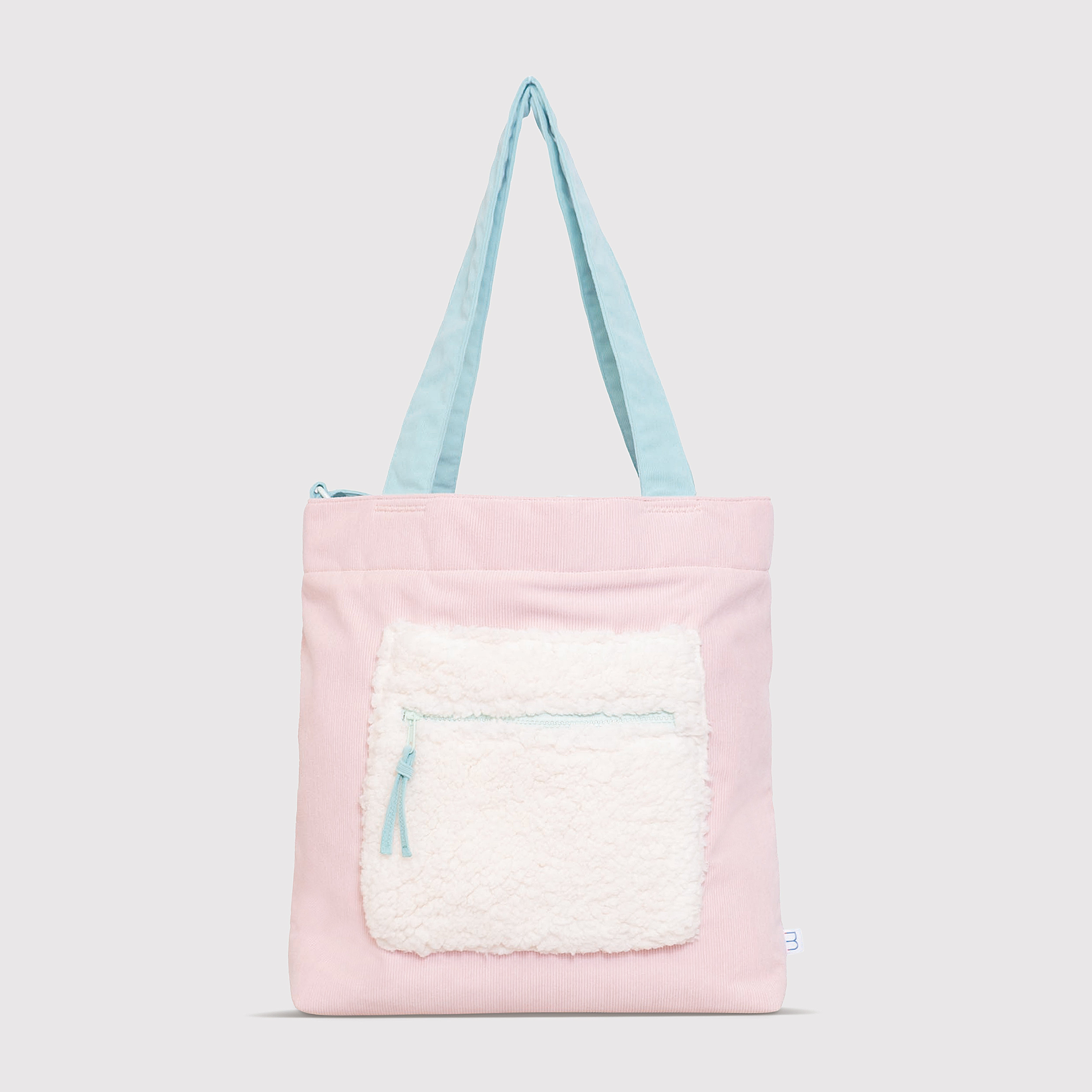 Color Block Tote – Corduroy & Sherpa Bag with Double Pockets + Cozy Coin Purse, Cotton Candy