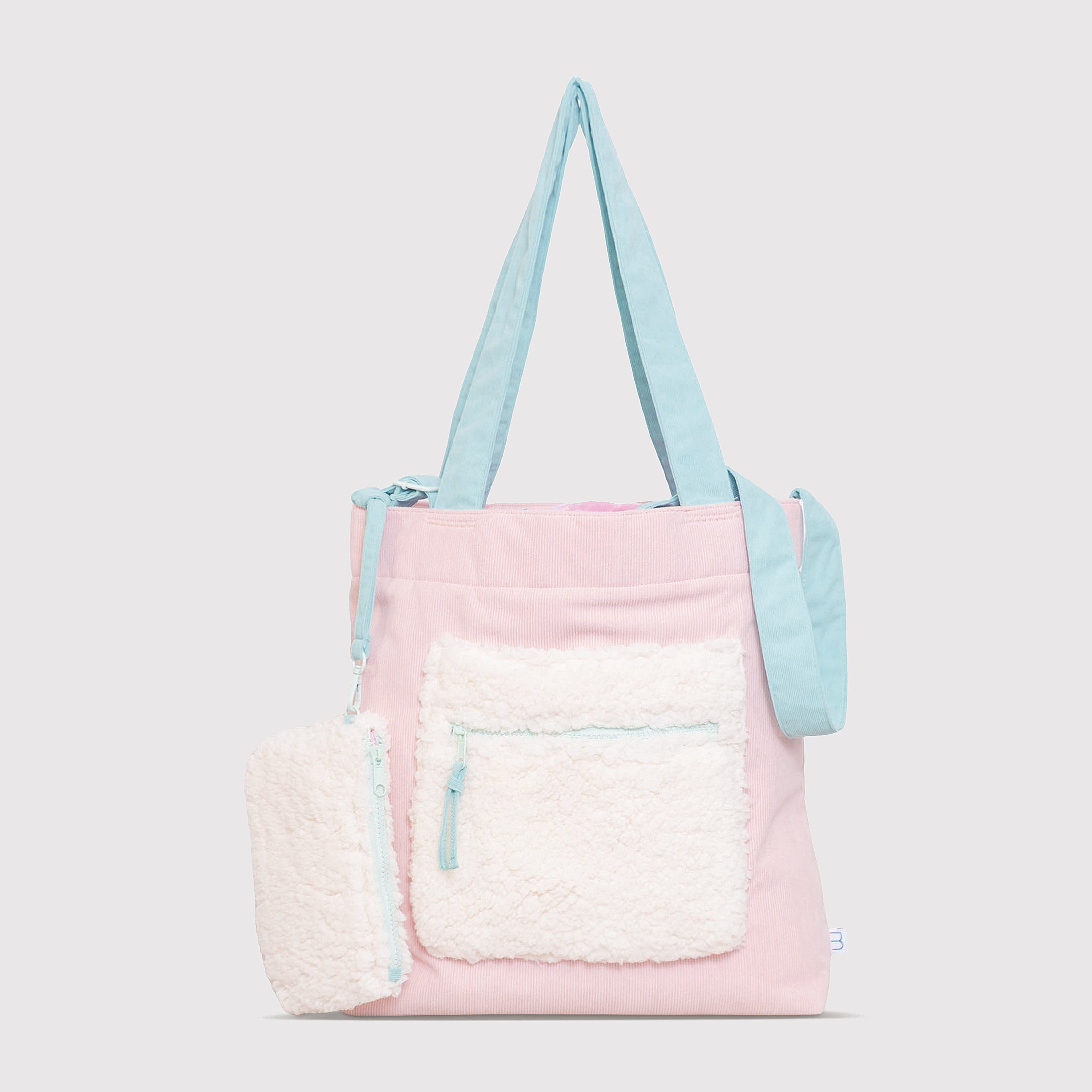 Color Block Tote – Corduroy & Sherpa Bag with Double Pockets + Cozy Coin Purse, Cotton Candy