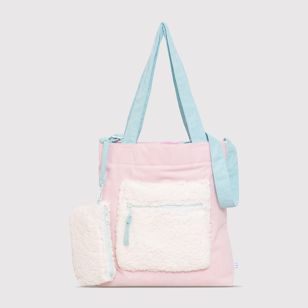 Color Block Tote – Corduroy & Sherpa Bag with Double Pockets + Cozy Coin Purse, Cotton Candy