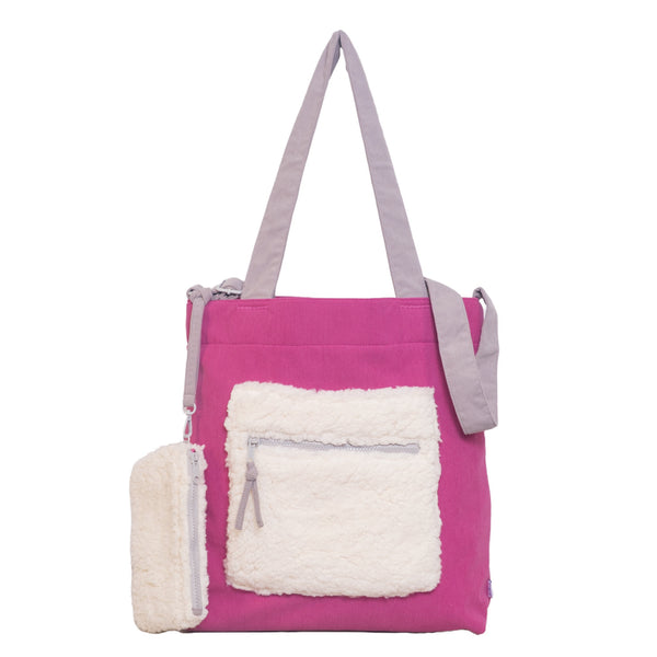 Color Block Tote – Corduroy & Sherpa Bag with Double Pockets + Cozy Coin Purse, Hibisucs