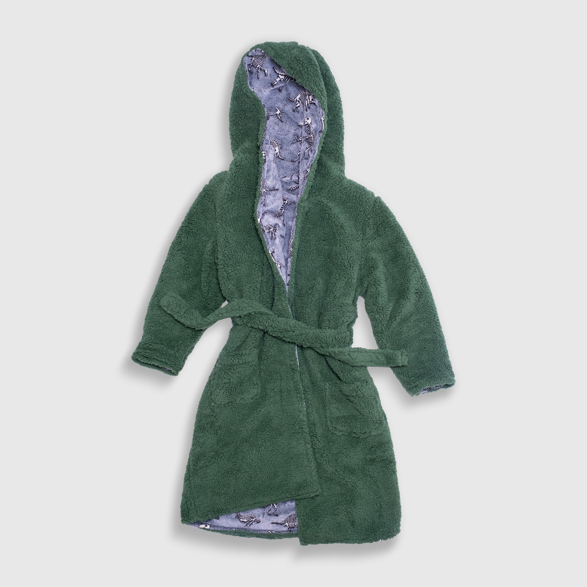 Cozy Switch Robe – Reversible Glow-in-the-Dark & Sherpa Robe for Kids, Green Dino Bones