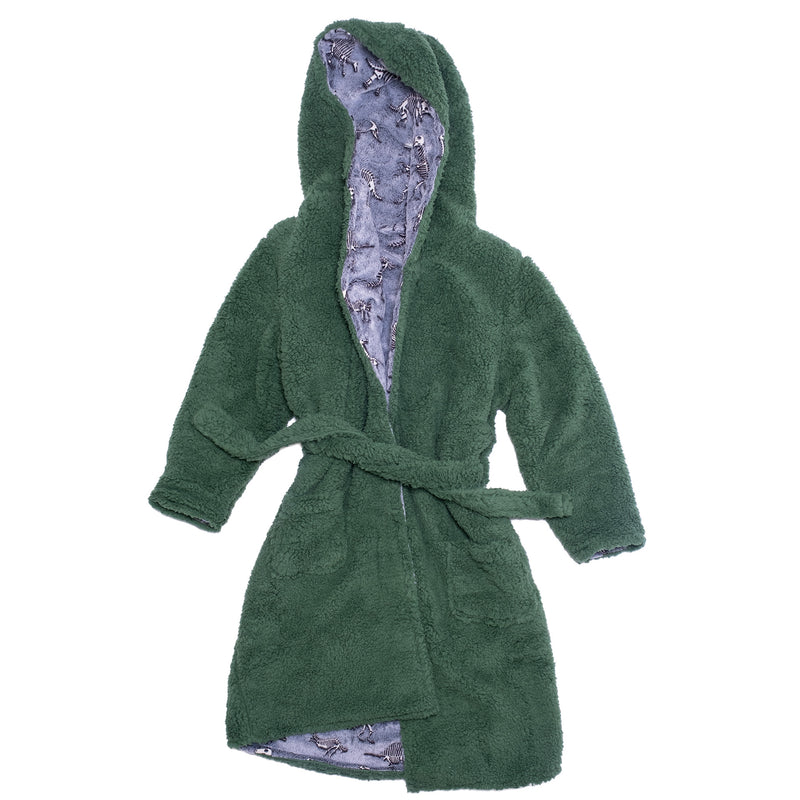 Cozy Switch Robe – Reversible Glow-in-the-Dark & Sherpa Robe for Kids, Green Dino Bones