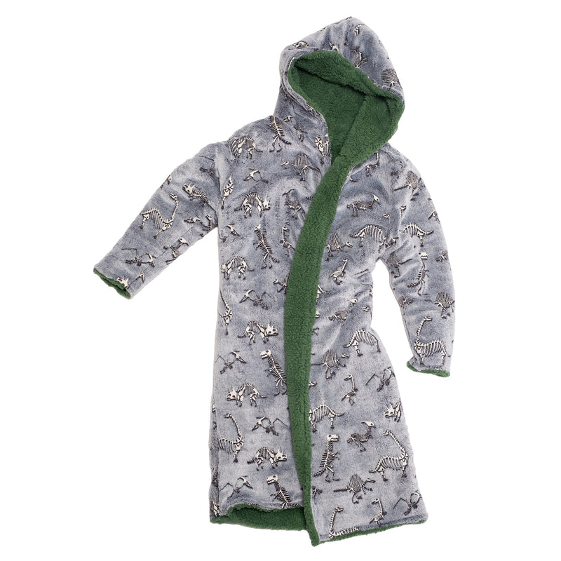 Cozy Switch Robe – Reversible Glow-in-the-Dark & Sherpa Robe for Kids, Green Dino Bones