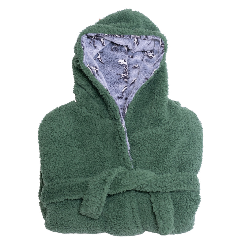 Cozy Switch Robe – Reversible Glow-in-the-Dark & Sherpa Robe for Kids, Green Dino Bones