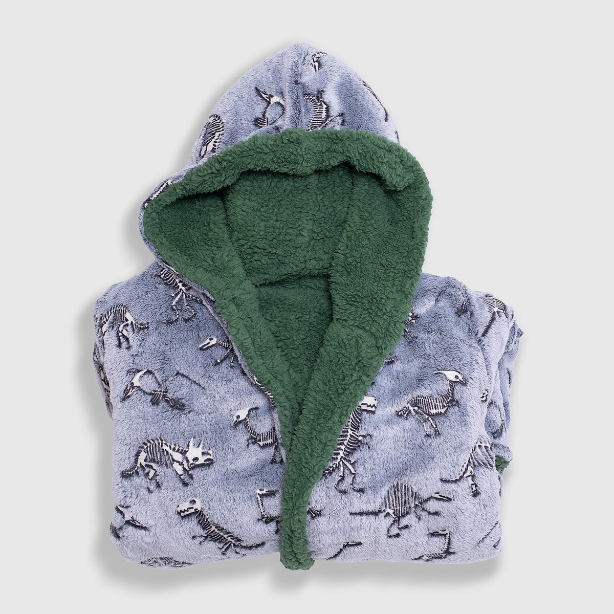 Cozy Switch Robe – Reversible Glow-in-the-Dark & Sherpa Robe for Kids, Green Dino Bones