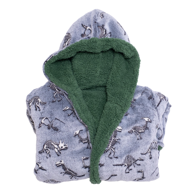 Cozy Switch Robe – Reversible Glow-in-the-Dark & Sherpa Robe for Kids, Green Dino Bones
