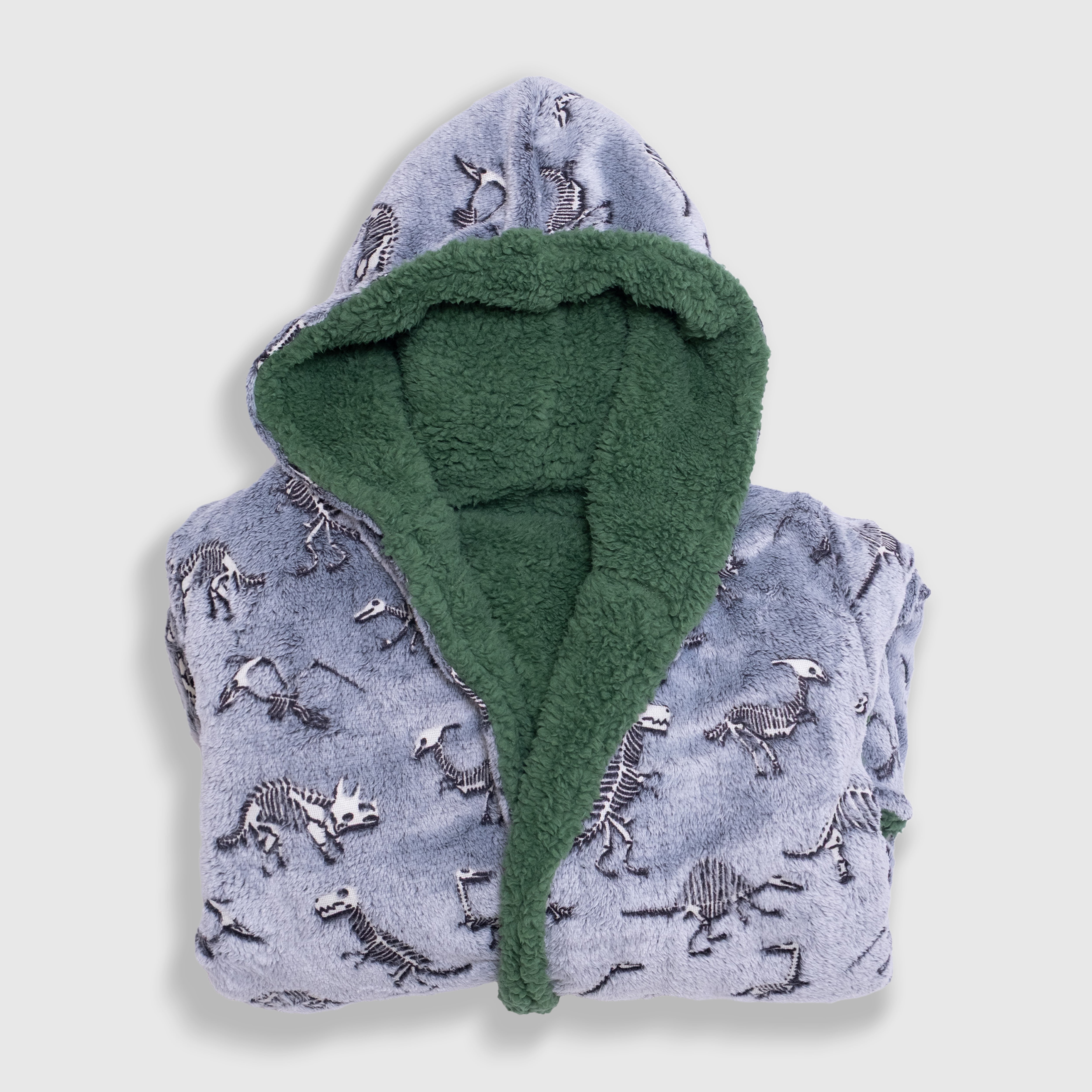 Cozy Switch Robe – Reversible Glow-in-the-Dark & Sherpa Robe for Kids, Green Dino Bones