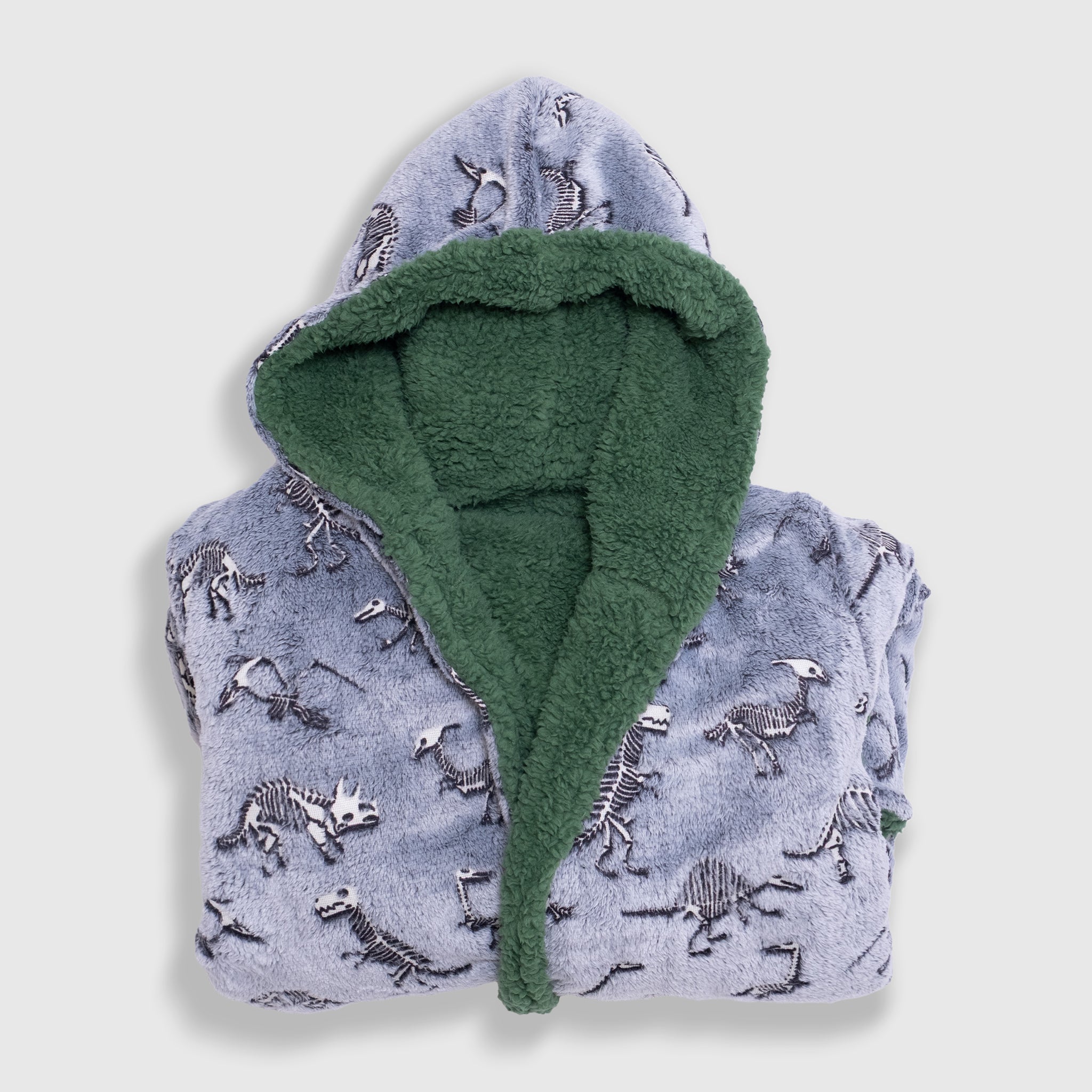 Cozy Switch Robe – Reversible Glow-in-the-Dark & Sherpa Robe for Kids, Green Dino Bones