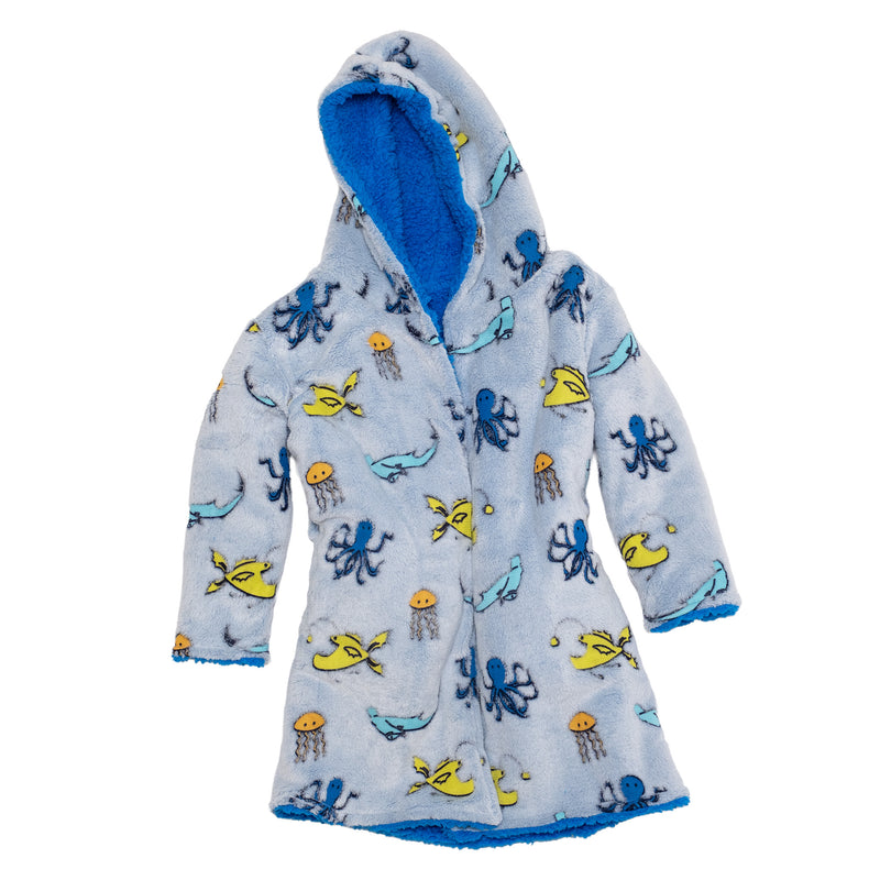 Cozy Switch Robe – Reversible Glow-in-the-Dark & Sherpa Robe for Kids, Sea Critters
