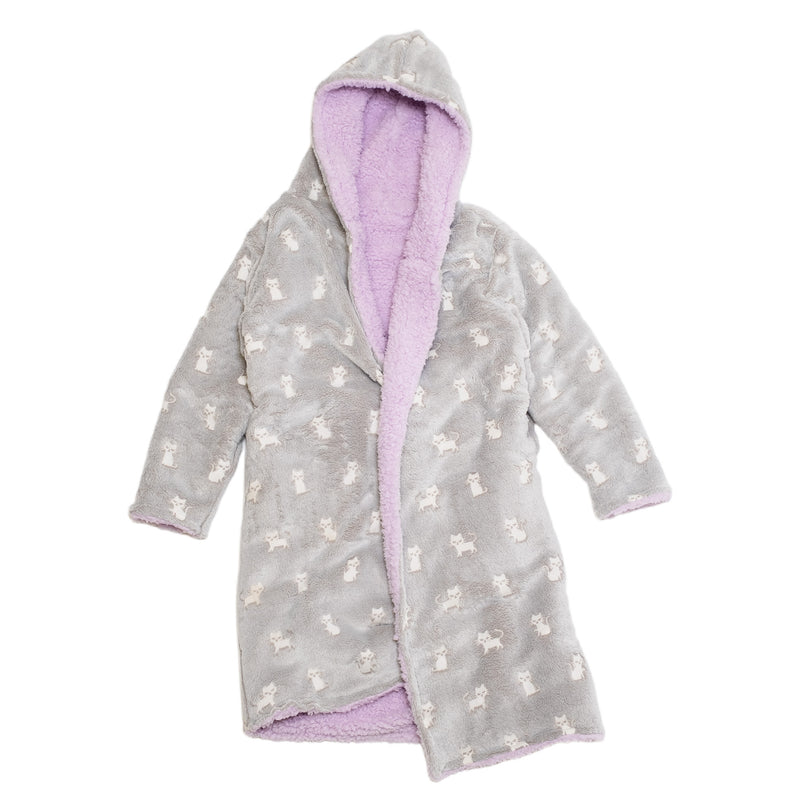 Cozy Switch Robe – Reversible Glow-in-the-Dark & Sherpa Robe for Kids, Orchid Kittens