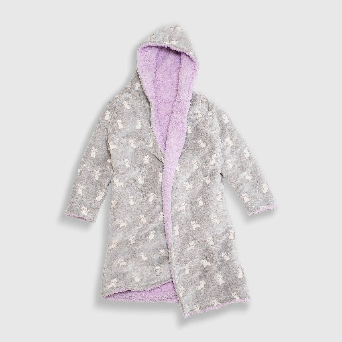 Cozy Switch Robe – Reversible Glow-in-the-Dark & Sherpa Robe for Kids, Orchid Kittens