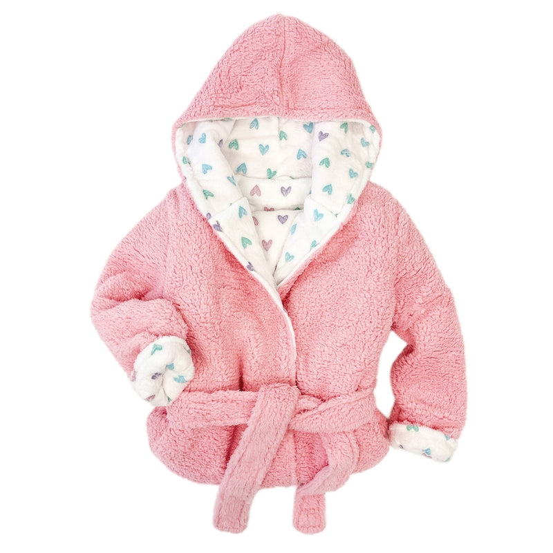 Cozy Switch Robe – Reversible Glow-in-the-Dark & Sherpa Robe for Kids, Pink Hearts