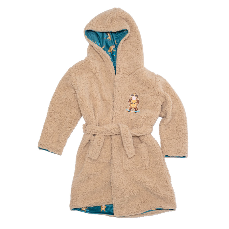 Cozy Switch Robe – Reversible Sherpa & Printed Mink Robe with Appliqué, Skating Sloths