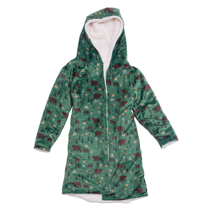 Cozy Switch Robe – Reversible Sherpa & Printed Mink Robe with Appliqué, Camping Bears