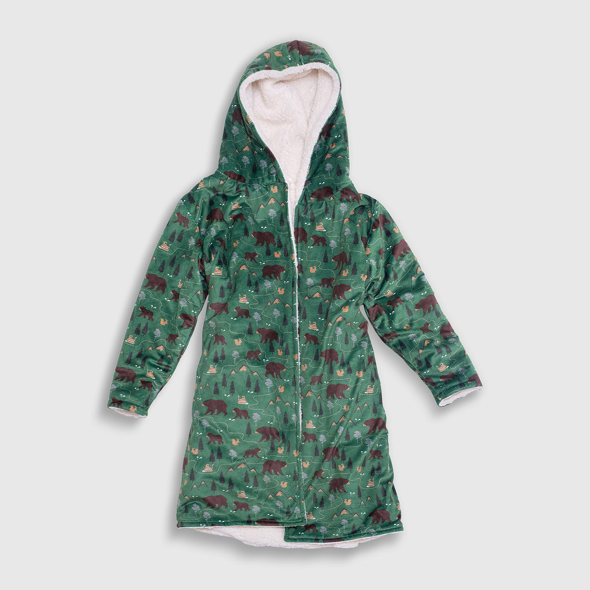 Cozy Switch Robe – Reversible Sherpa & Printed Mink Robe with Appliqué, Camping Bears