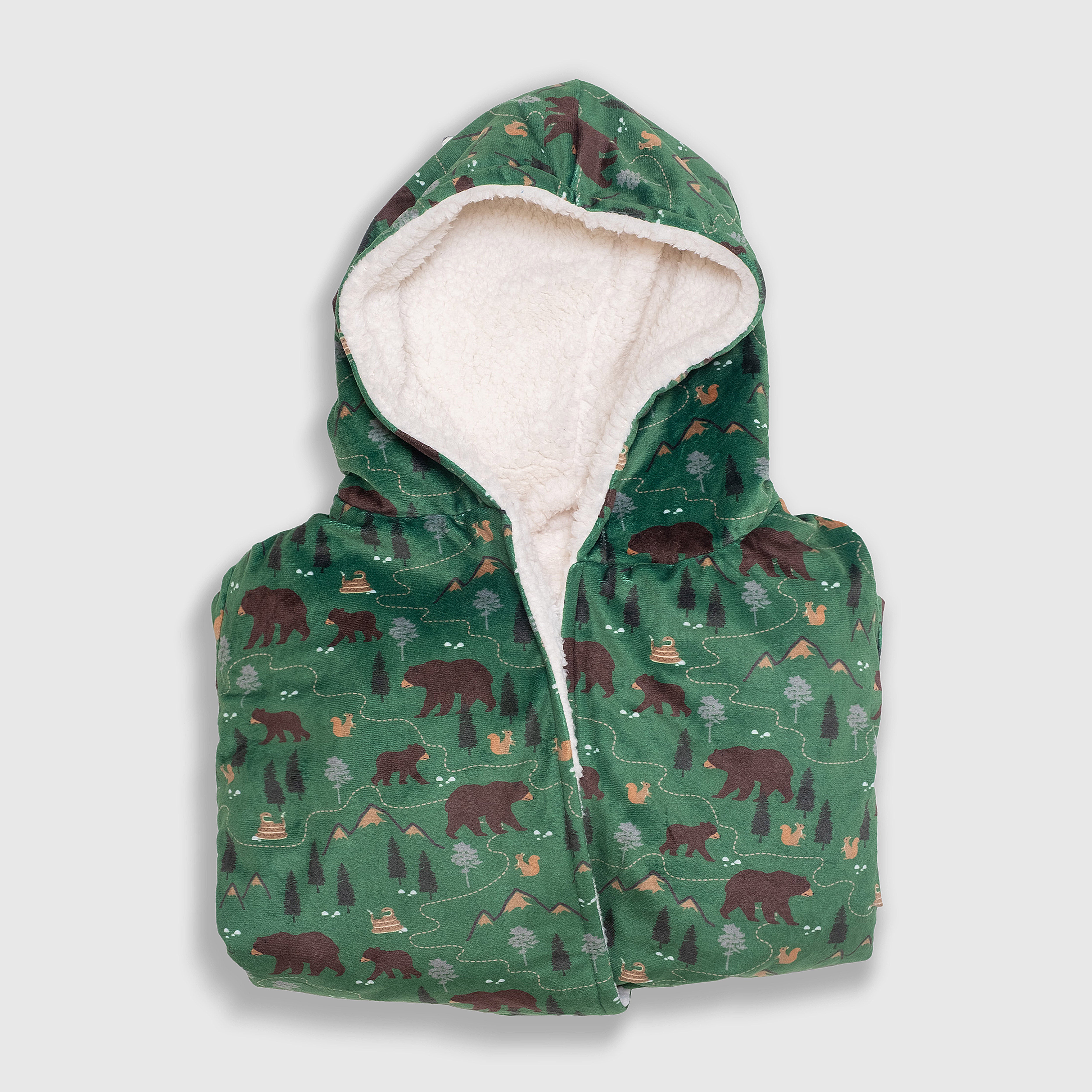 Cozy Switch Robe – Reversible Sherpa & Printed Mink Robe with Appliqué, Camping Bears