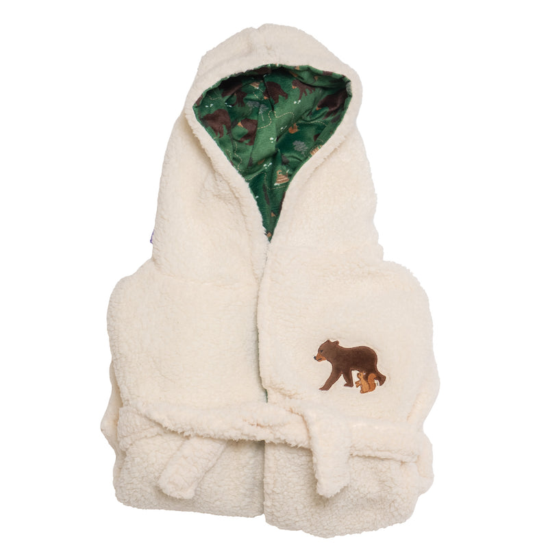 Cozy Switch Robe – Reversible Sherpa & Printed Mink Robe with Appliqué, Camping Bears