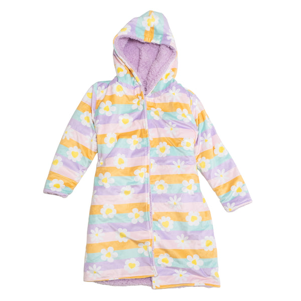 Cozy Switch Robe – Reversible Sherpa & Printed Mink Robe with Appliqué, Happy Daisy Stripes