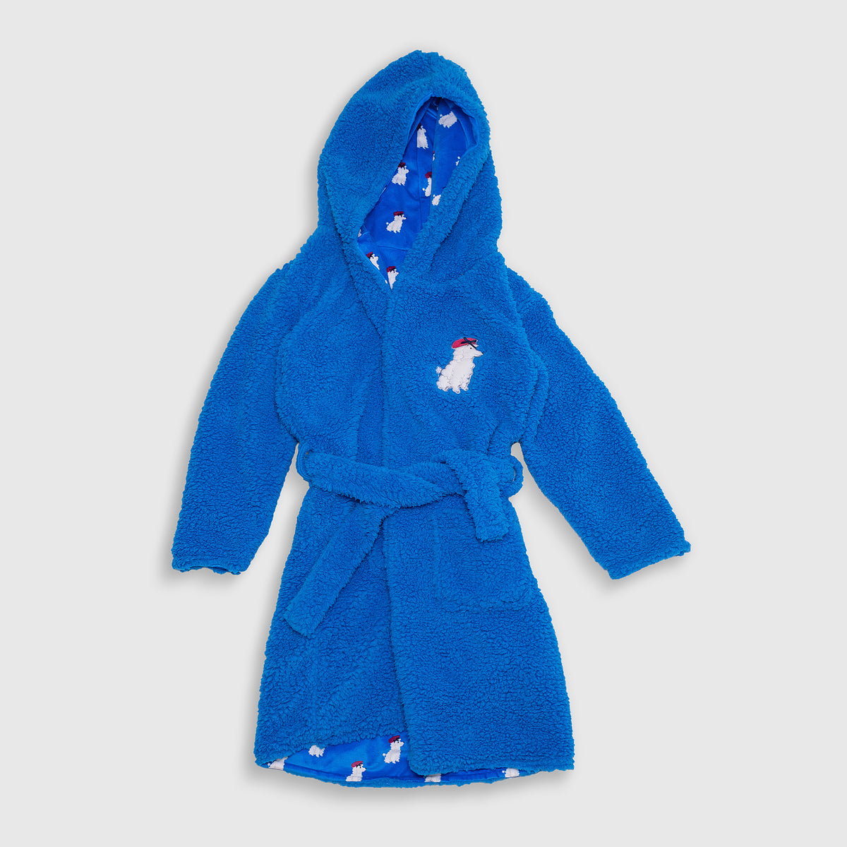 Cozy Switch Robe – Reversible Sherpa & Printed Mink Robe with Appliqué, Blue French Poodles