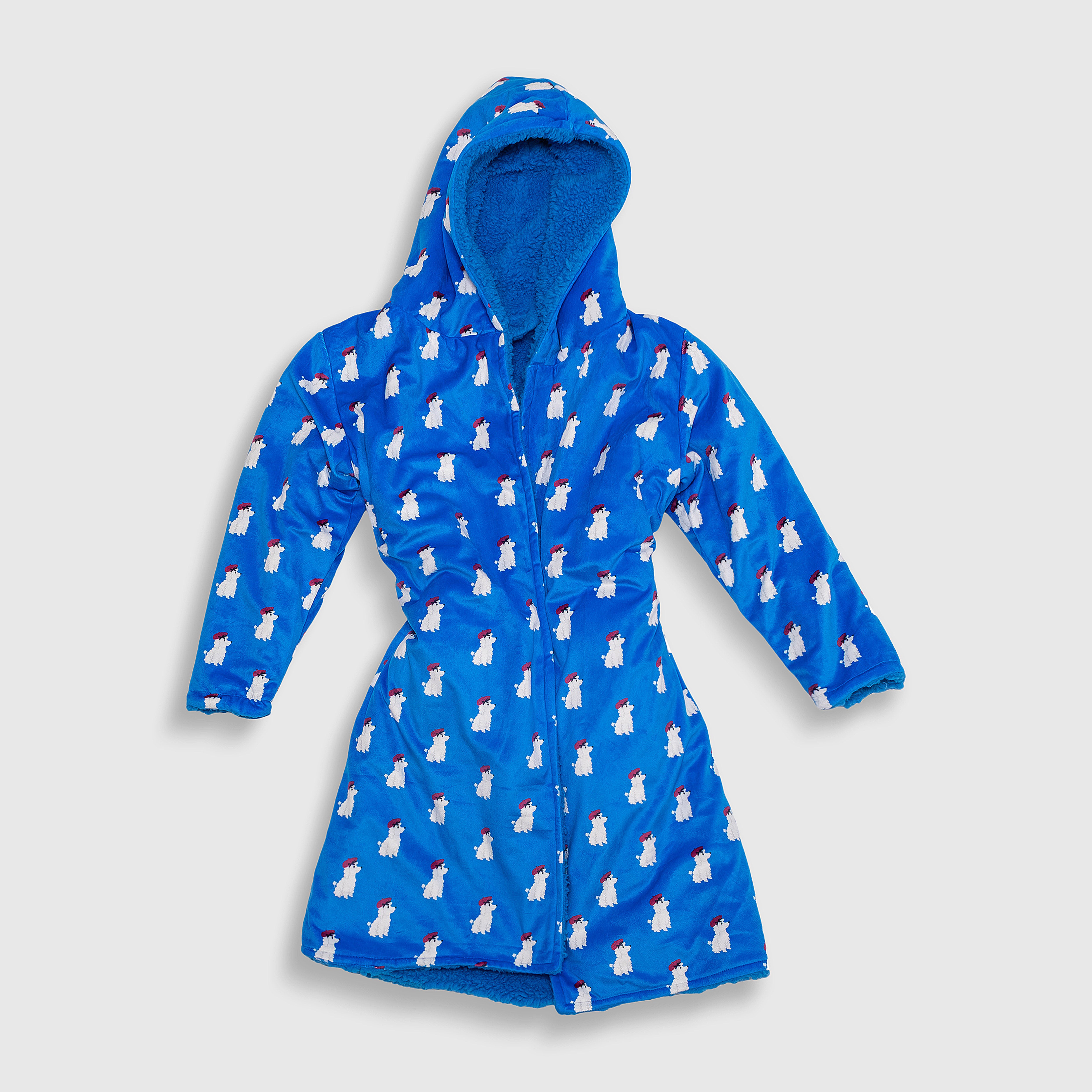 Cozy Switch Robe – Reversible Sherpa & Printed Mink Robe with Appliqué, Blue French Poodles