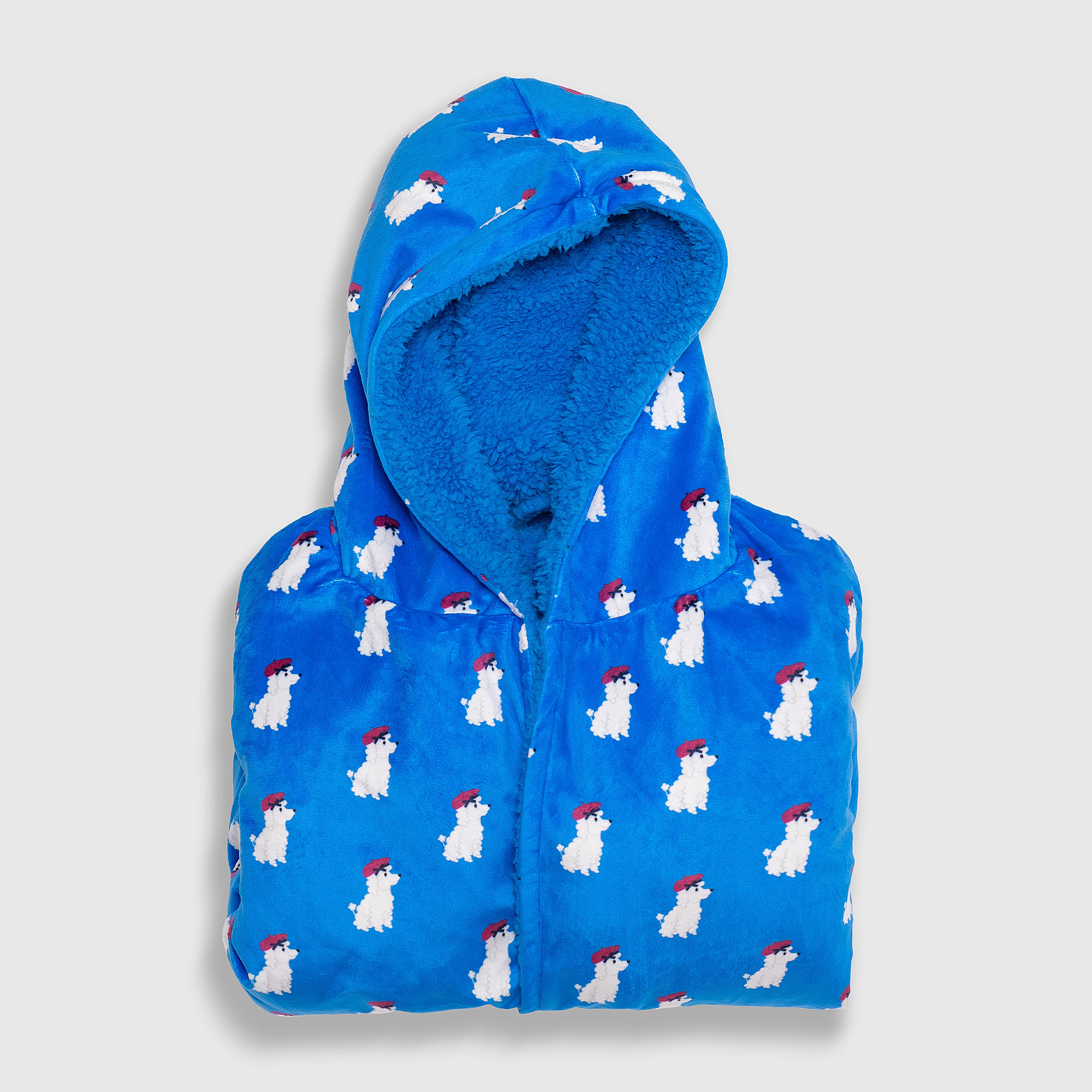 Cozy Switch Robe – Reversible Sherpa & Printed Mink Robe with Appliqué, Blue French Poodles