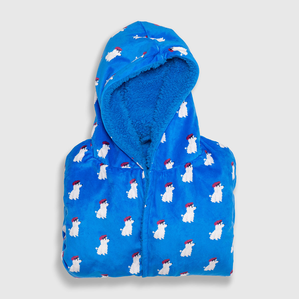 Cozy Switch Robe – Reversible Sherpa & Printed Mink Robe with Appliqué, Blue French Poodles