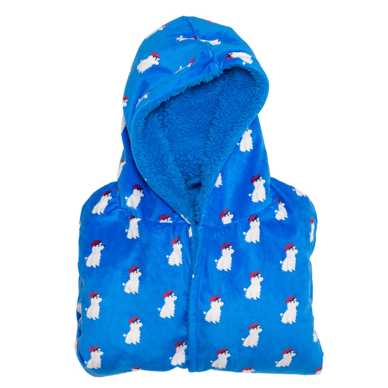 Cozy Switch Robe – Reversible Sherpa & Printed Mink Robe with Appliqué, Blue French Poodles
