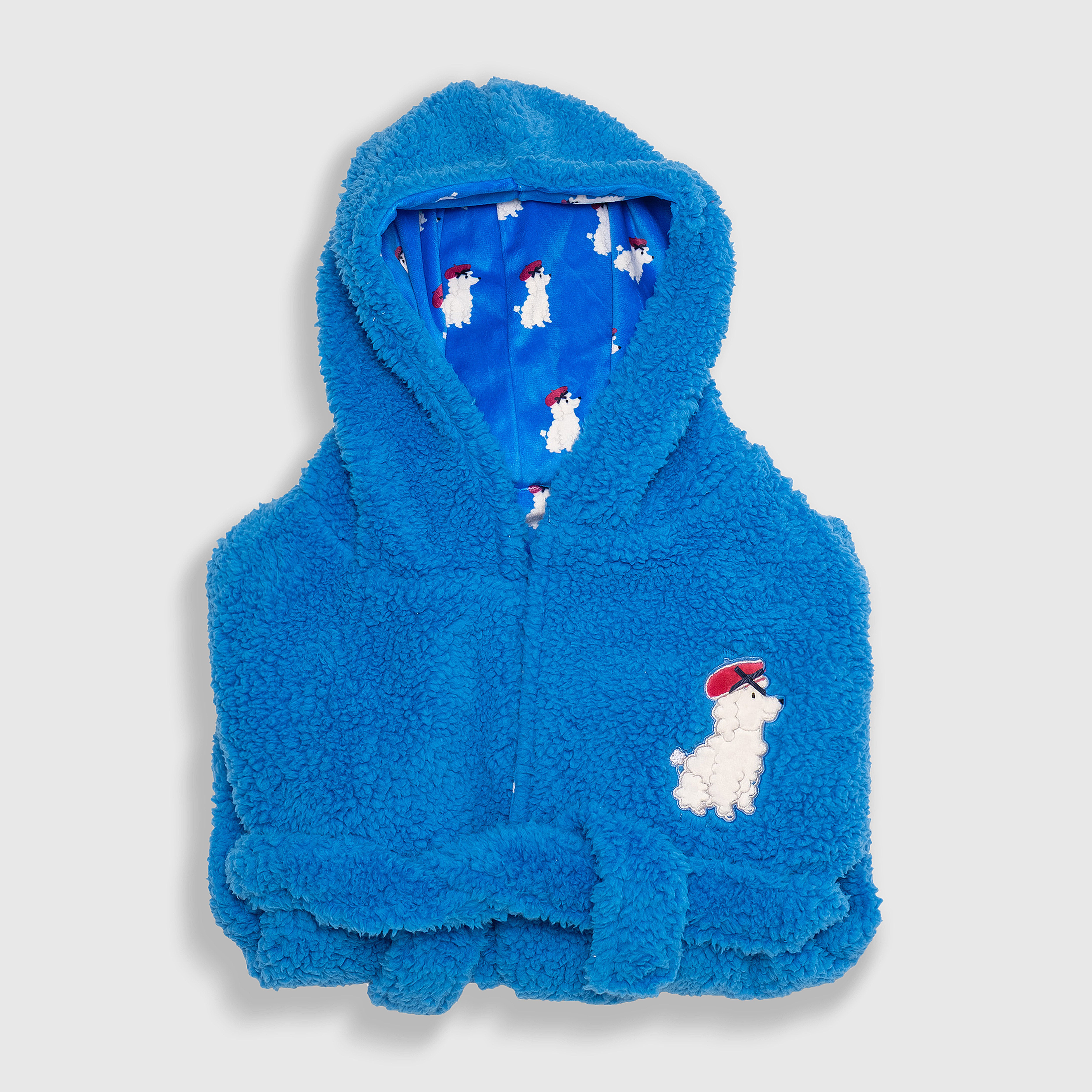 Cozy Switch Robe – Reversible Sherpa & Printed Mink Robe with Appliqué, Blue French Poodles
