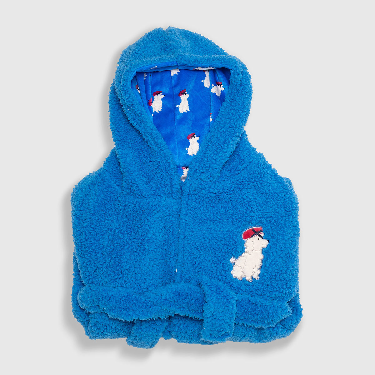 Cozy Switch Robe – Reversible Sherpa & Printed Mink Robe with Appliqué, Blue French Poodles