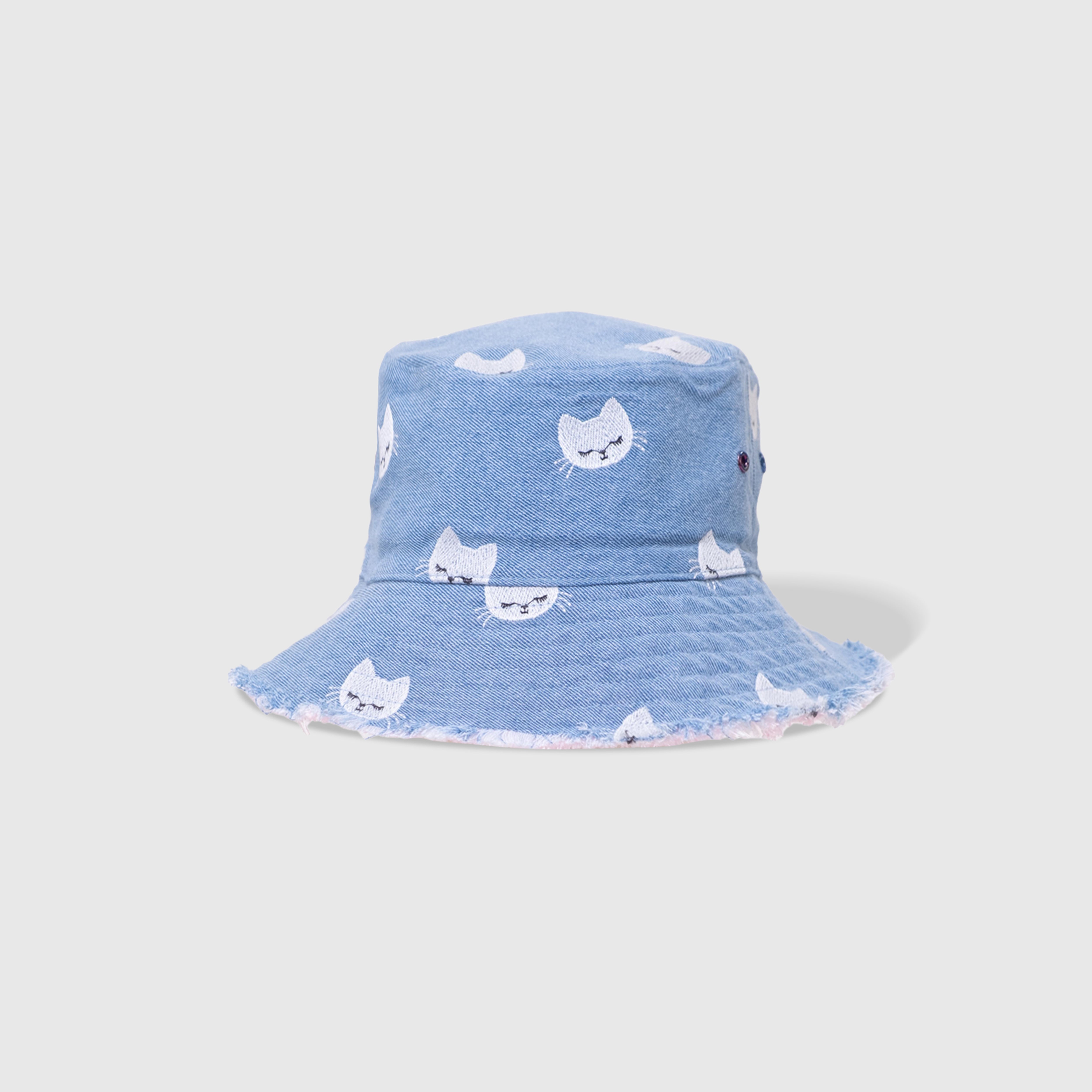 Reversible Kids Denim Bucket Hat – Embroidered Kittens & Pink Canvas Print | Frayed Brim