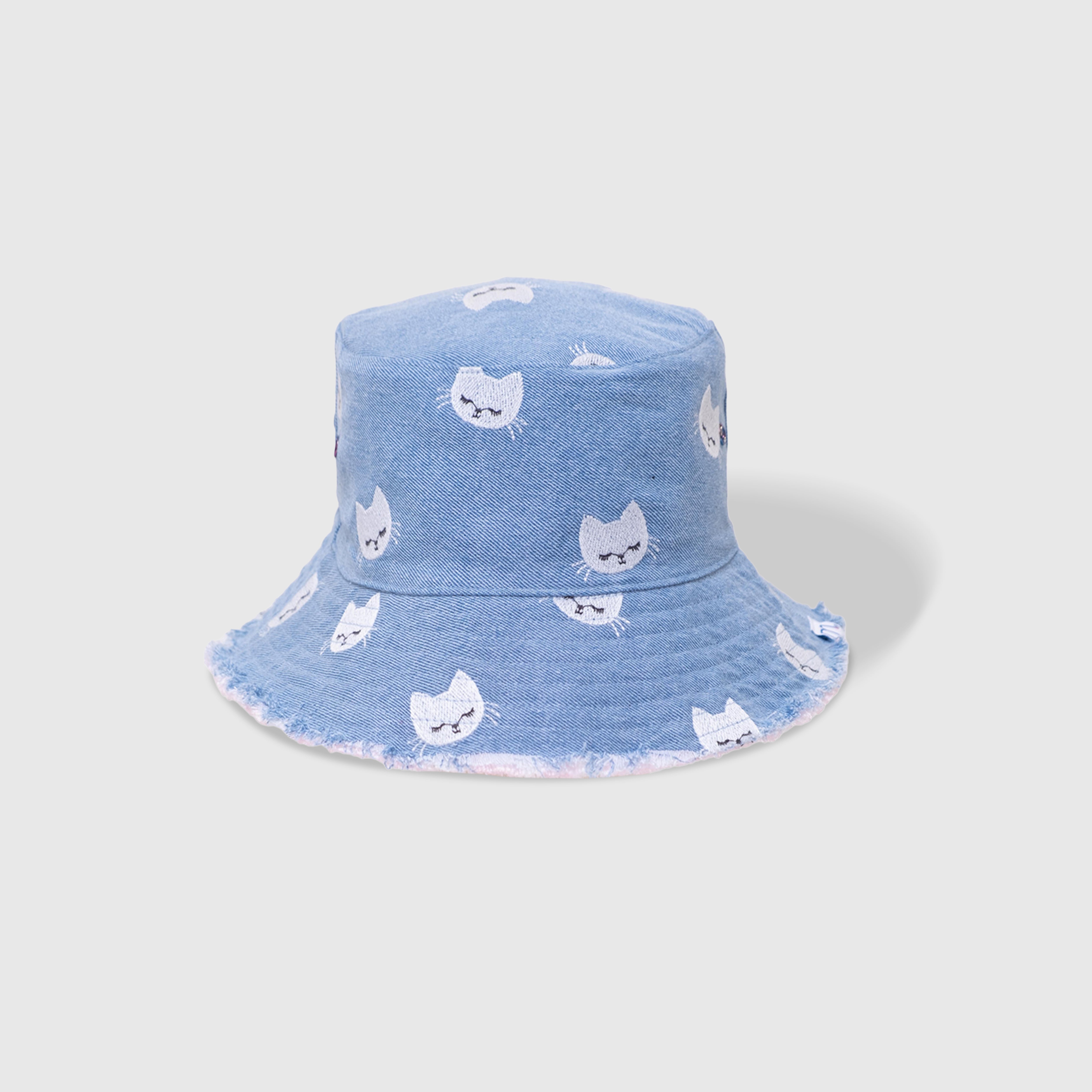 Reversible Kids Denim Bucket Hat – Embroidered Kittens & Pink Canvas Print | Frayed Brim