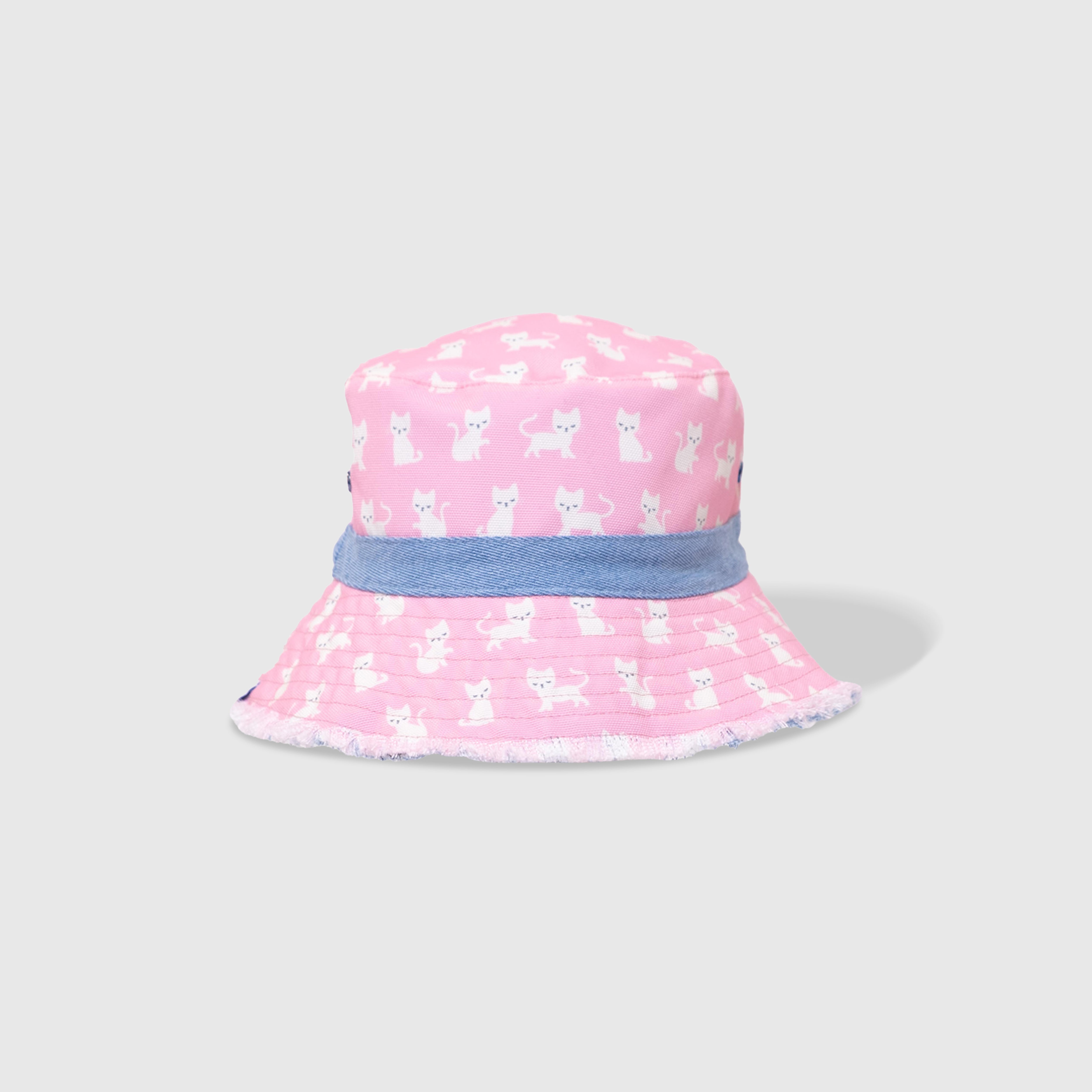 Reversible Kids Denim Bucket Hat – Embroidered Kittens & Pink Canvas Print | Frayed Brim