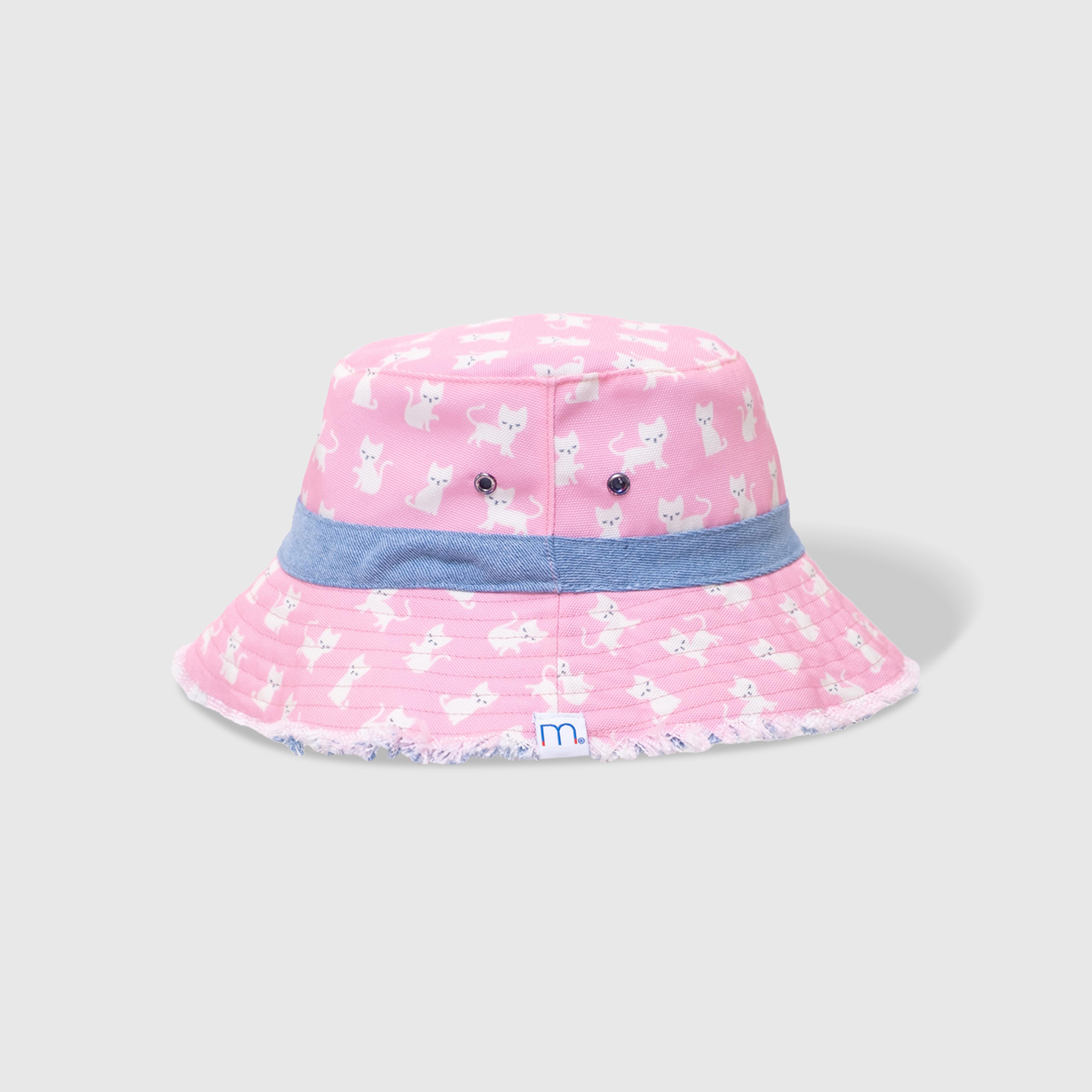 Reversible Kids Denim Bucket Hat – Embroidered Kittens & Pink Canvas Print | Frayed Brim