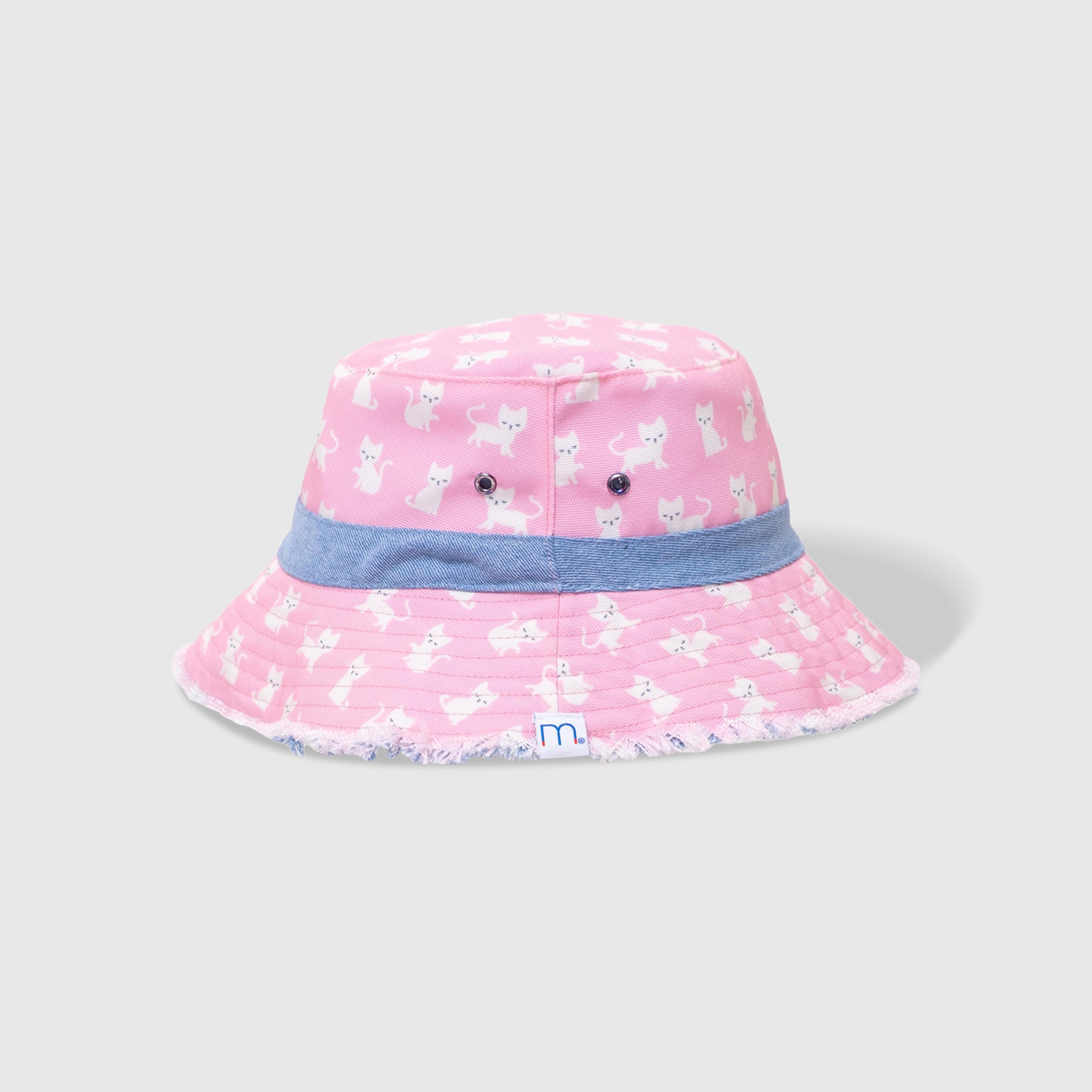 Reversible Kids Denim Bucket Hat – Embroidered Kittens & Pink Canvas Print | Frayed Brim