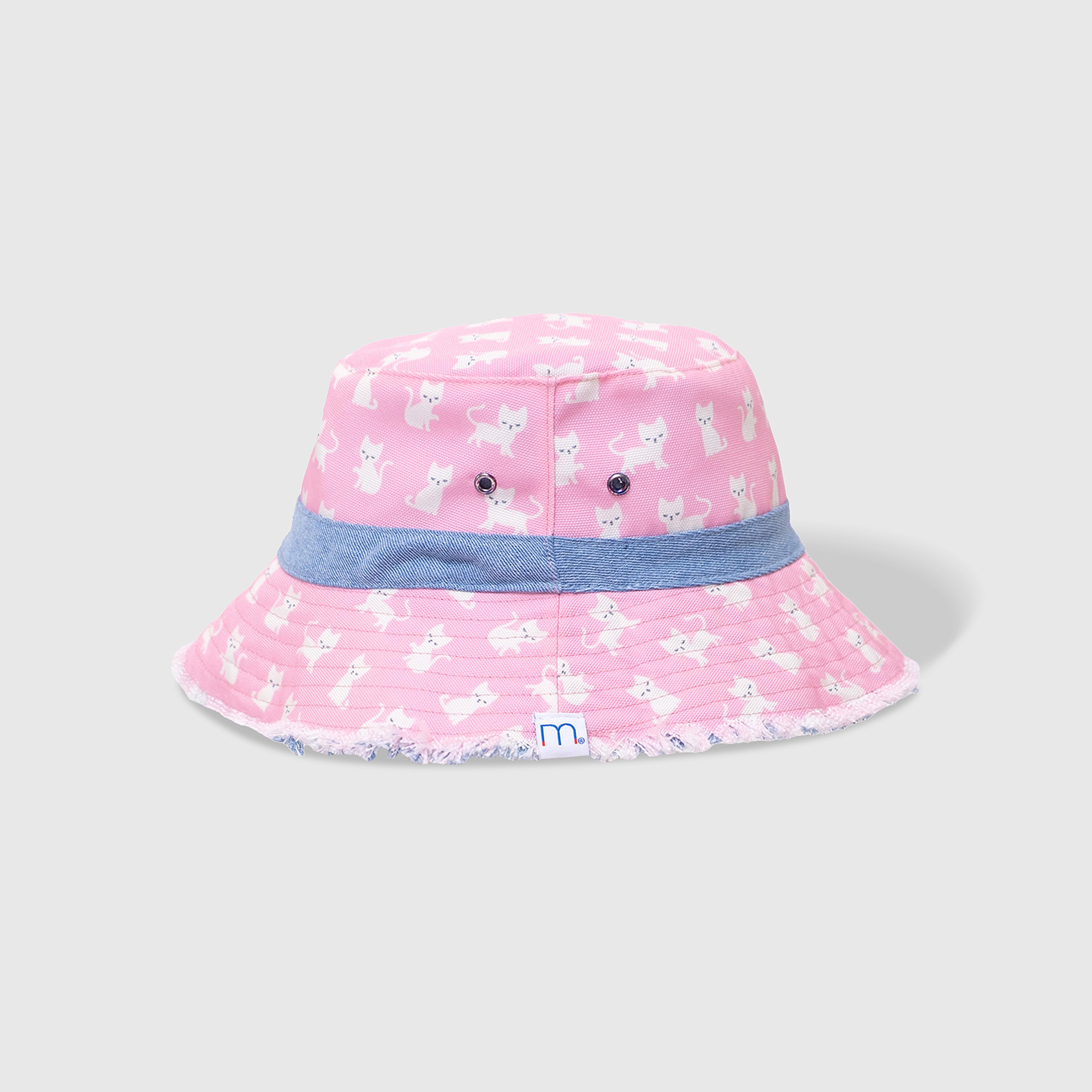 Reversible Kids Denim Bucket Hat – Embroidered Kittens & Pink Canvas Print | Frayed Brim