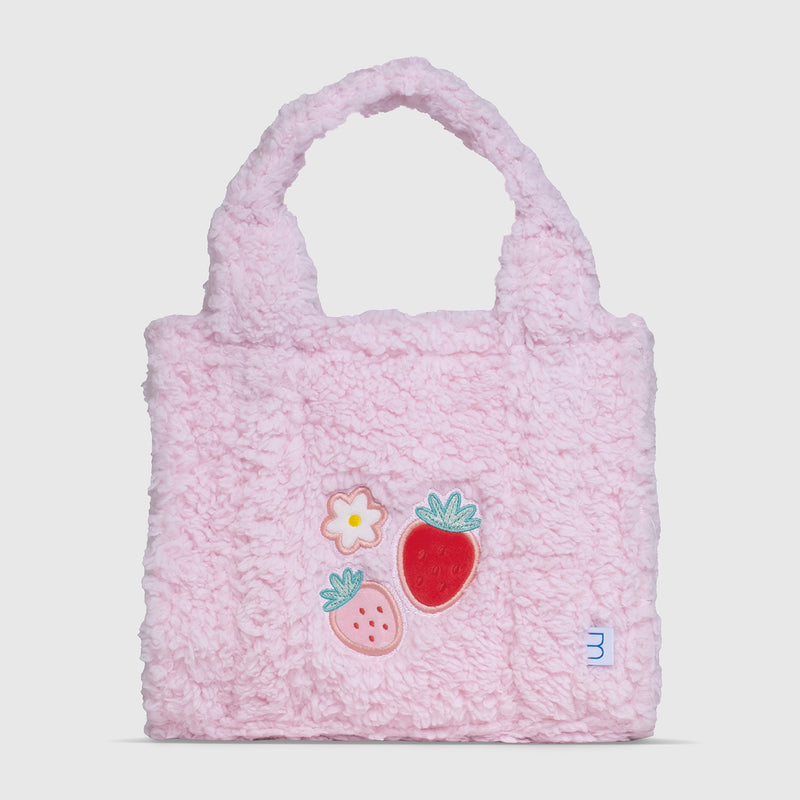 Sherpa Tote Bag – Cozy, Colorful & Convertible with Matching Coin Purse, Strawberries + Daisies