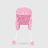 The Cozy Trapper Hat – Hearts Print with Cosmos Pink Sherpa Liner & Pompoms
