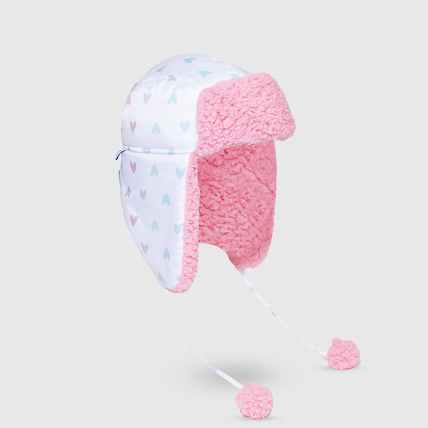 The Cozy Trapper Hat – Hearts Print with Cosmos Pink Sherpa Liner & Pompoms