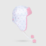 The Cozy Trapper Hat – Hearts Print with Cosmos Pink Sherpa Liner & Pompoms